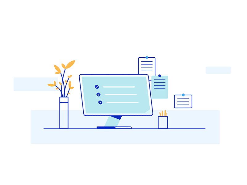 An animated image of a table with a laptop, a plant, and task list.